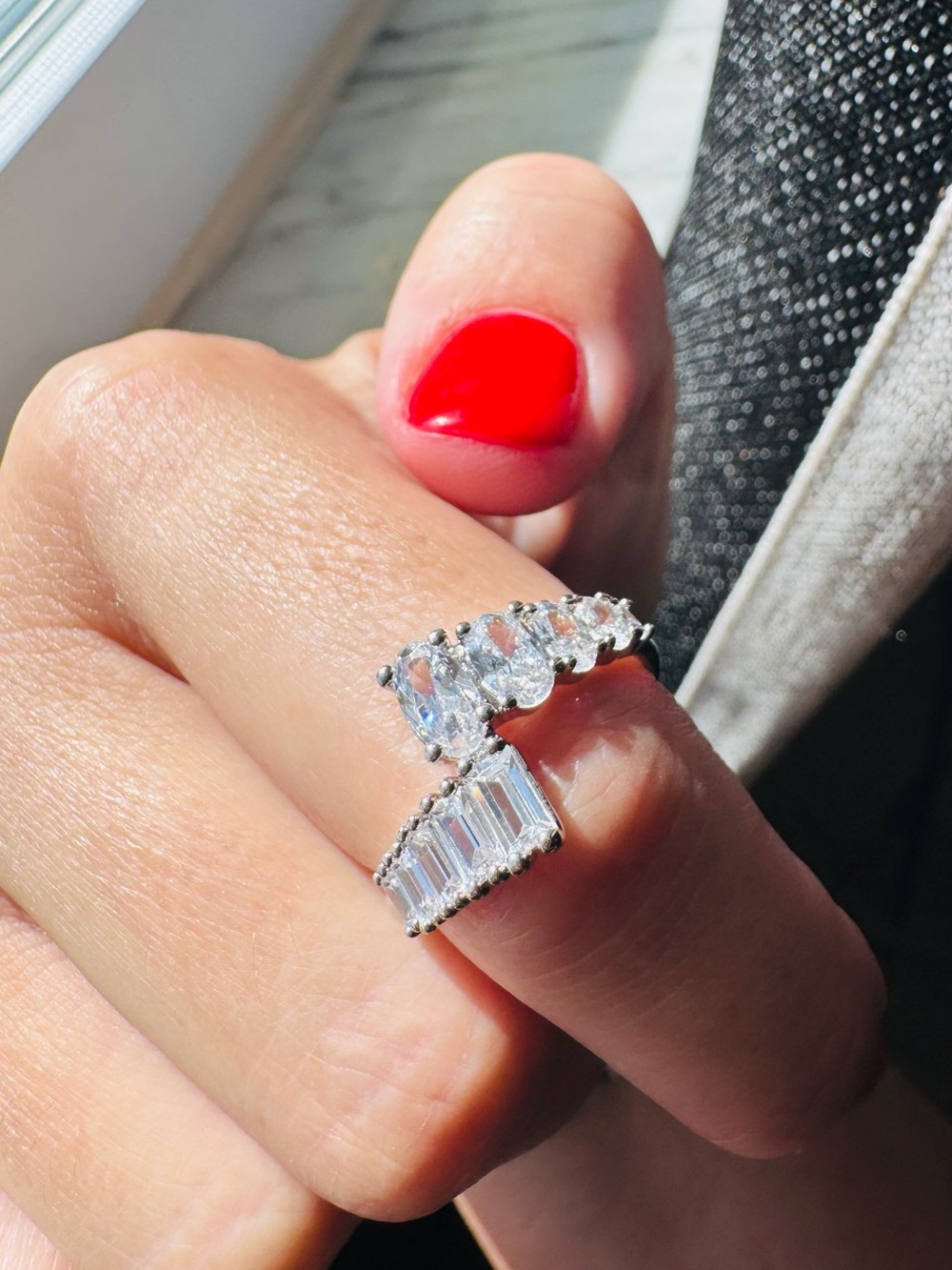 Bomb Party Open-Style Silver Ring with Clear Baguette & Oval Crystals - Size 9